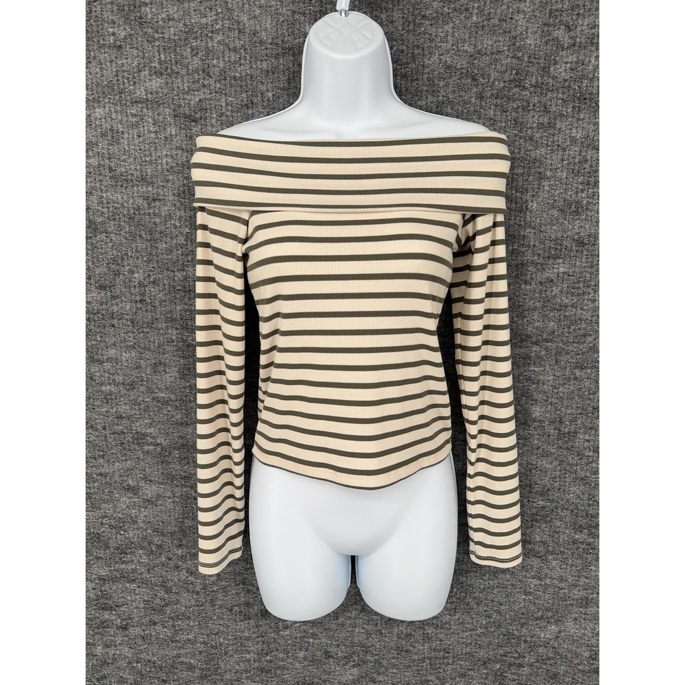 American Eagle Top Womens M Beige Off Shoulder Long Sleeve Cropped Striped